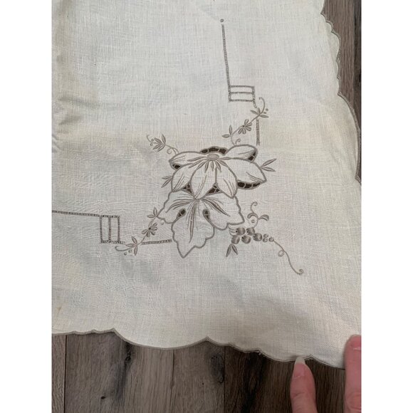 66x50” Cut Out Unbleached Muslin Tablecloth Brown Tan Embroidered Details with M - Picture 3 of 7